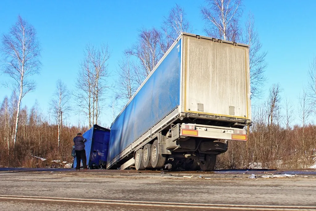 Wrecked semi-truck stuck in a ditch with wheels sticking up in the air. Contact a Houston truck accident lawyer if you’ve sustained an injury from a commercial vehicle collision.