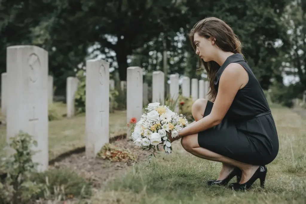 Young woman kneeling down in front of tombstone with flowers after loosing a loved one to wrongful death. 