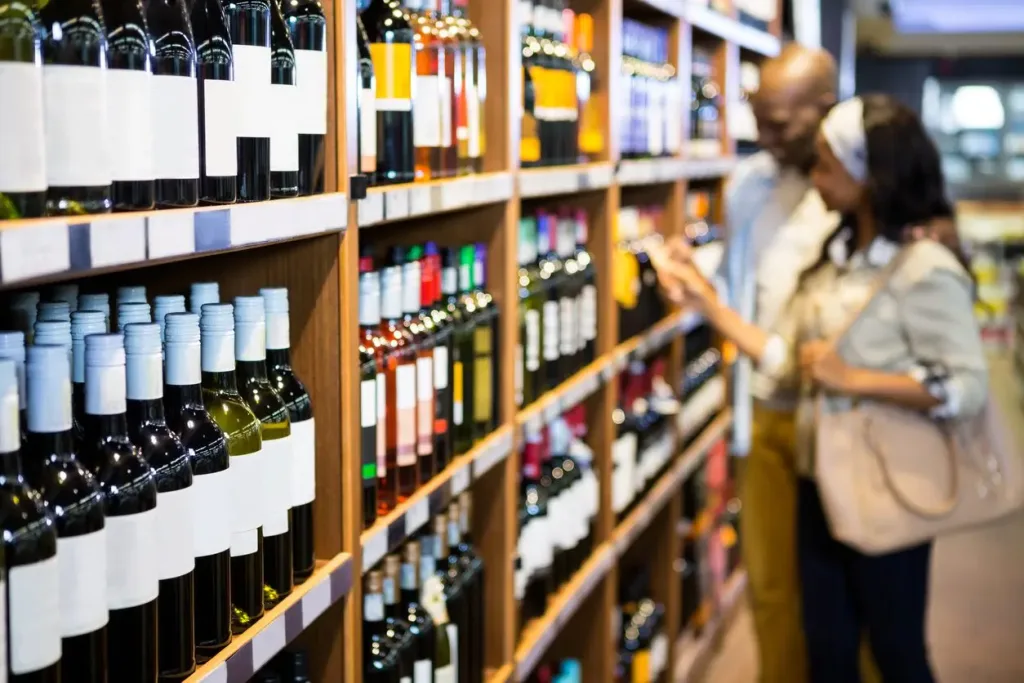 Couple looking at wine in a supermarket. Our team of drunk driving accident lawyers hold Houston establishments accountable for selling alcohol to drunk customers.