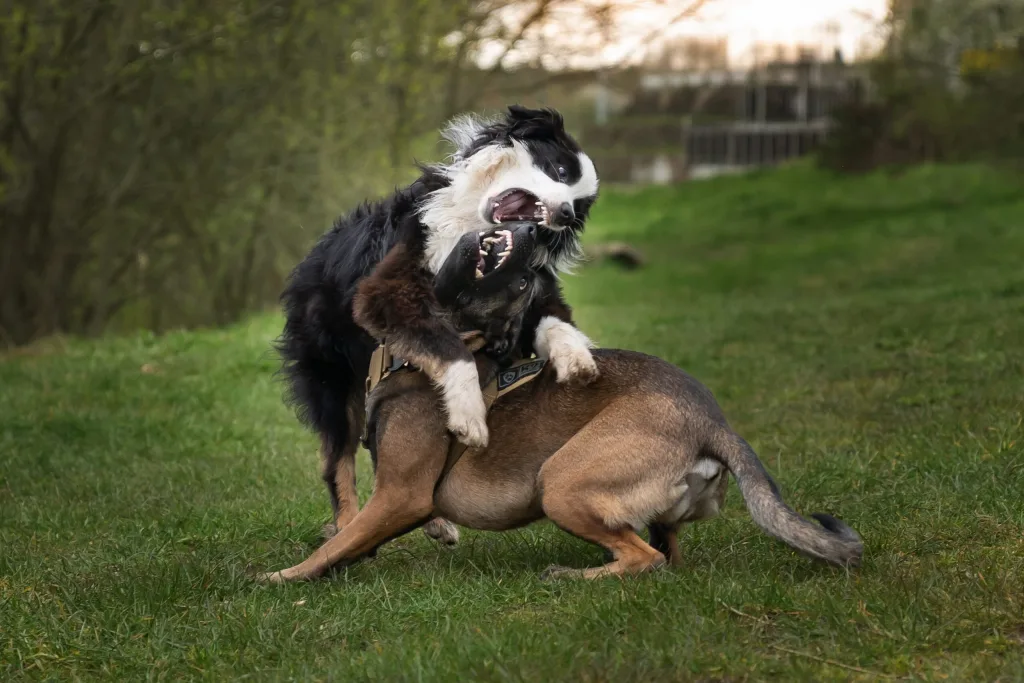 Two large dogs fighting. If you've been injured by a dangerous dog, contact a Houston dog bite lawyer today. 