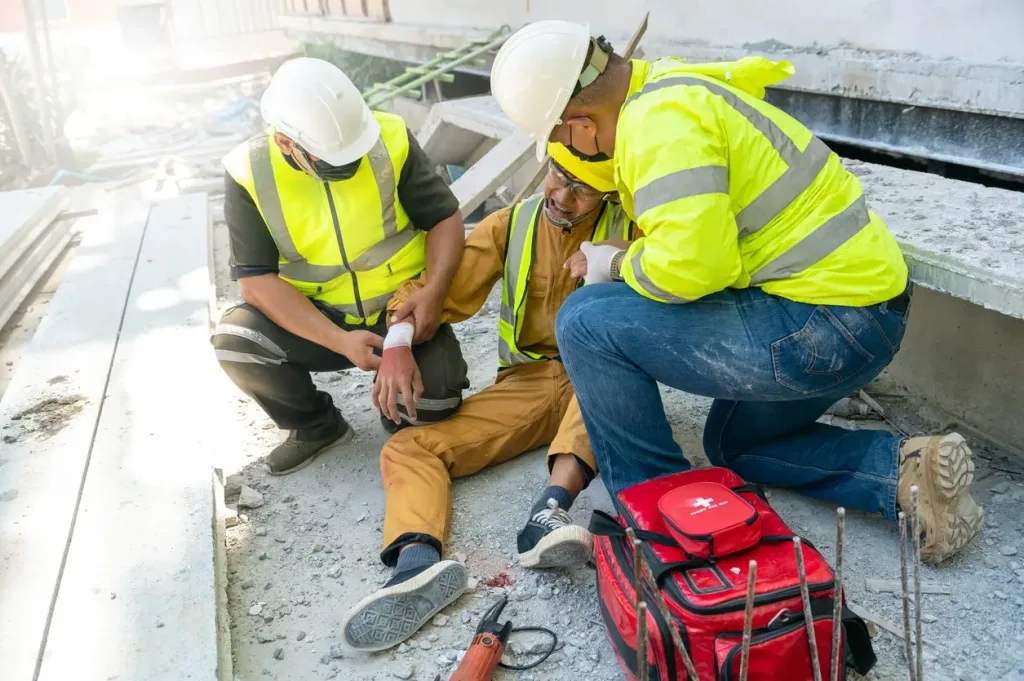 Two construction workers helping their injured coworker. If you've been injured in your workplace, contact a Houston work injury attorney now. 